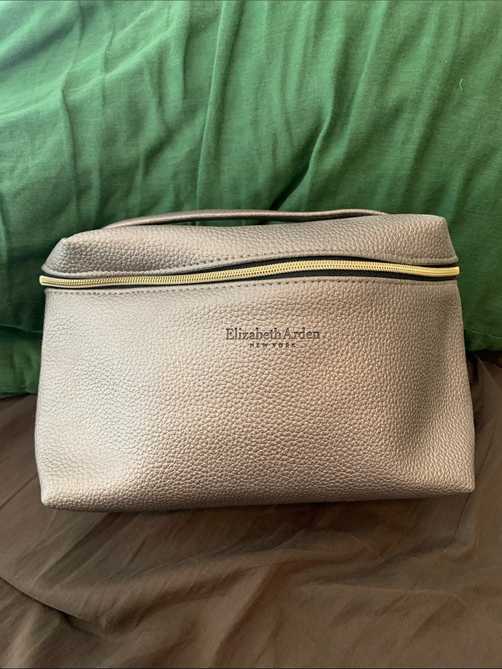 Elizabeth Arden Pebbled Cosmetic Pouch in Taupe with Gold Accent